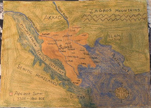 Ancient Sumer Map Print Watercolour Paper - Paths and PlacesAncient Sumer Map Print Watercolour Paper