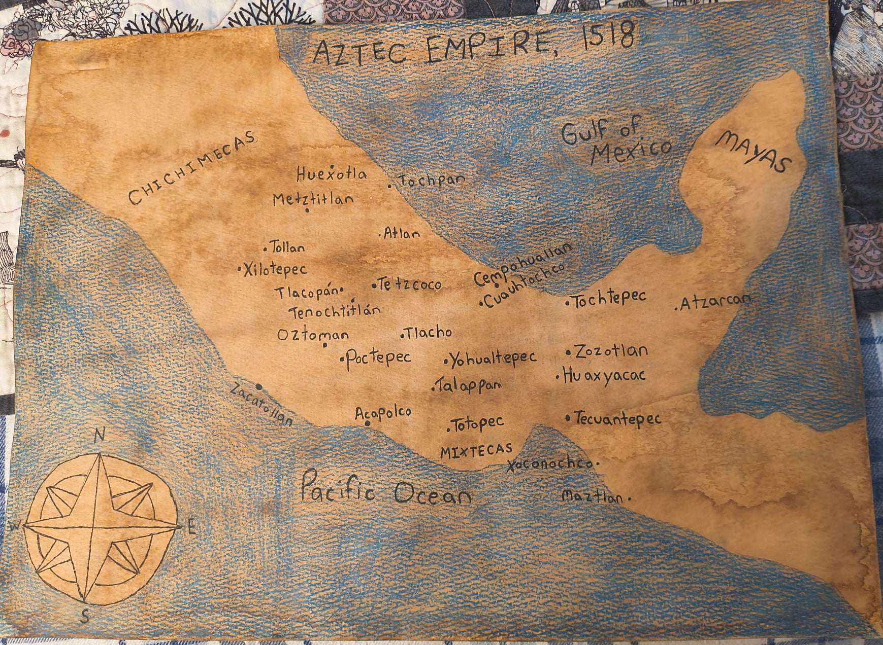 Aztec Empire Map Print Watercolour Paper - Paths and Places