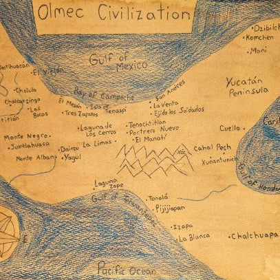 Olmec Civilization Map Print Watercolour Paper - Paths and Places