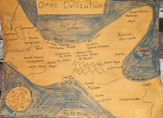 Olmec Civilization Map Print Watercolour Paper - Paths and Places