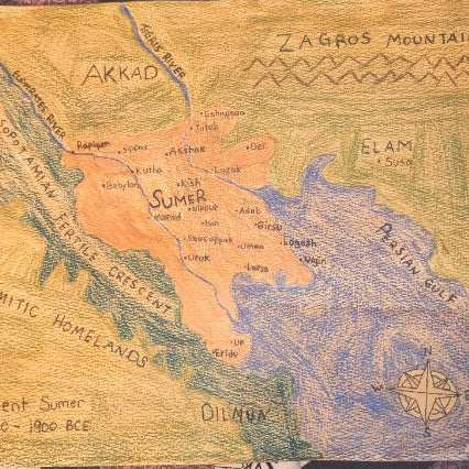 Ancient Sumer Map Print Watercolour Paper - Paths and PlacesAncient Sumer Map Print Watercolour Paper