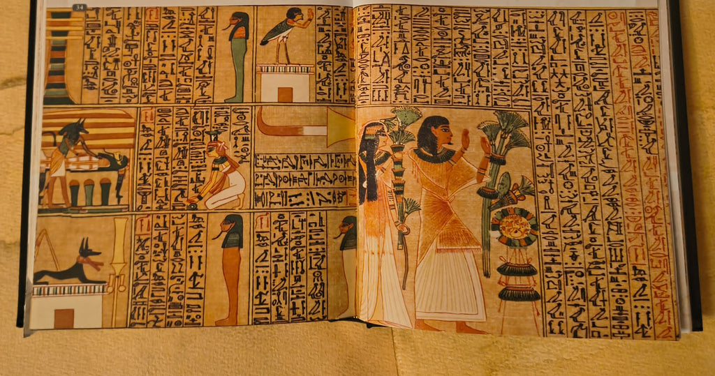 Open book with ancient Egyptian hieroglyphics and illustrations on a beige background