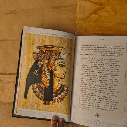 Open book with an illustration of an Egyptian pharaoh on a wooden surface