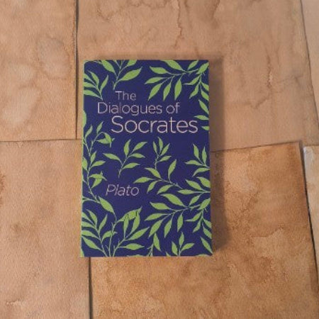 A blue and green book titled 'The Dialogues of Socrates' by Plato on a brown background 
