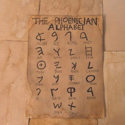 Sheet of paper with Phoenician alphabet text on a textured surface