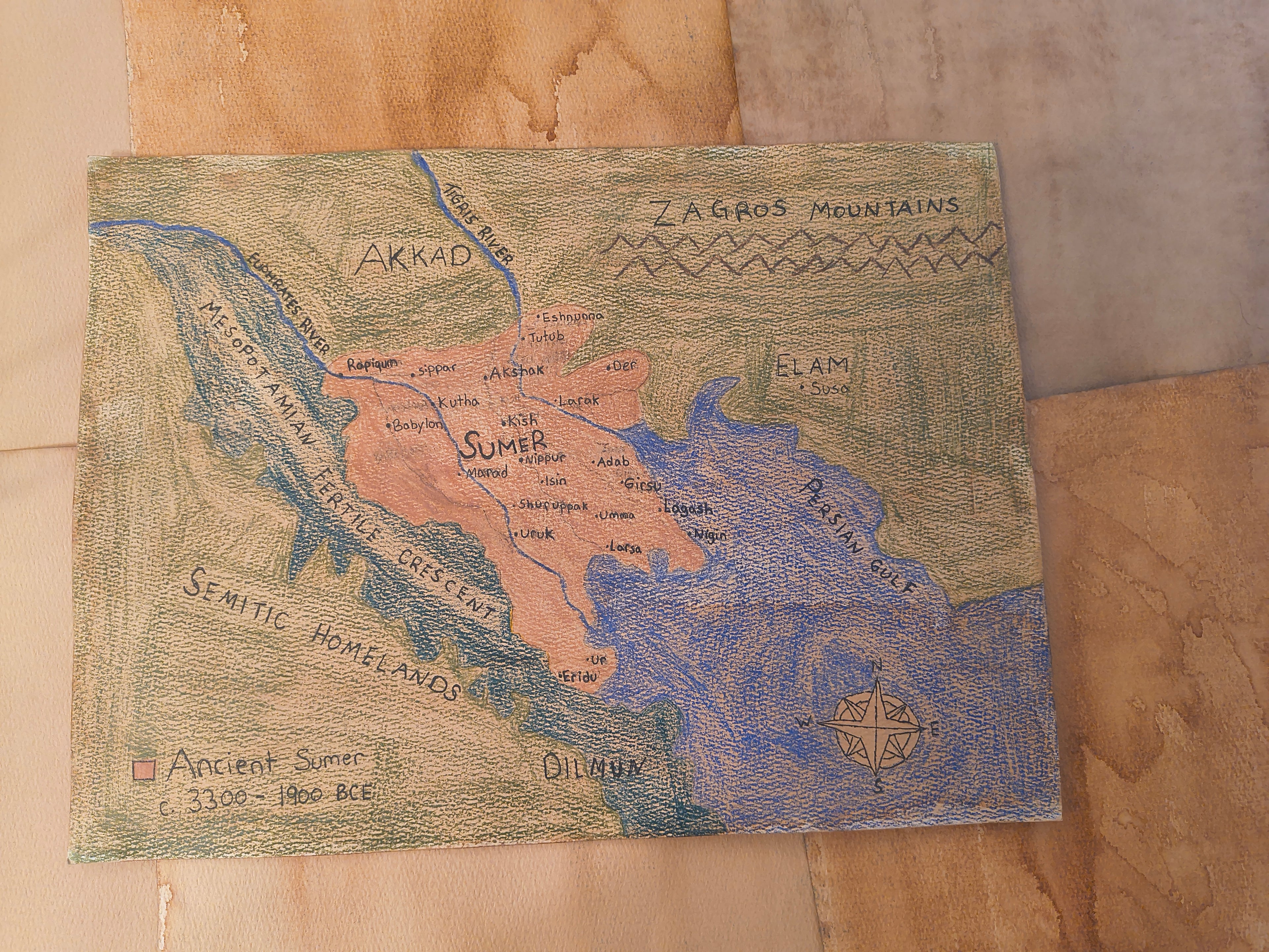 Ancient Sumer Map Print Watercolour Paper