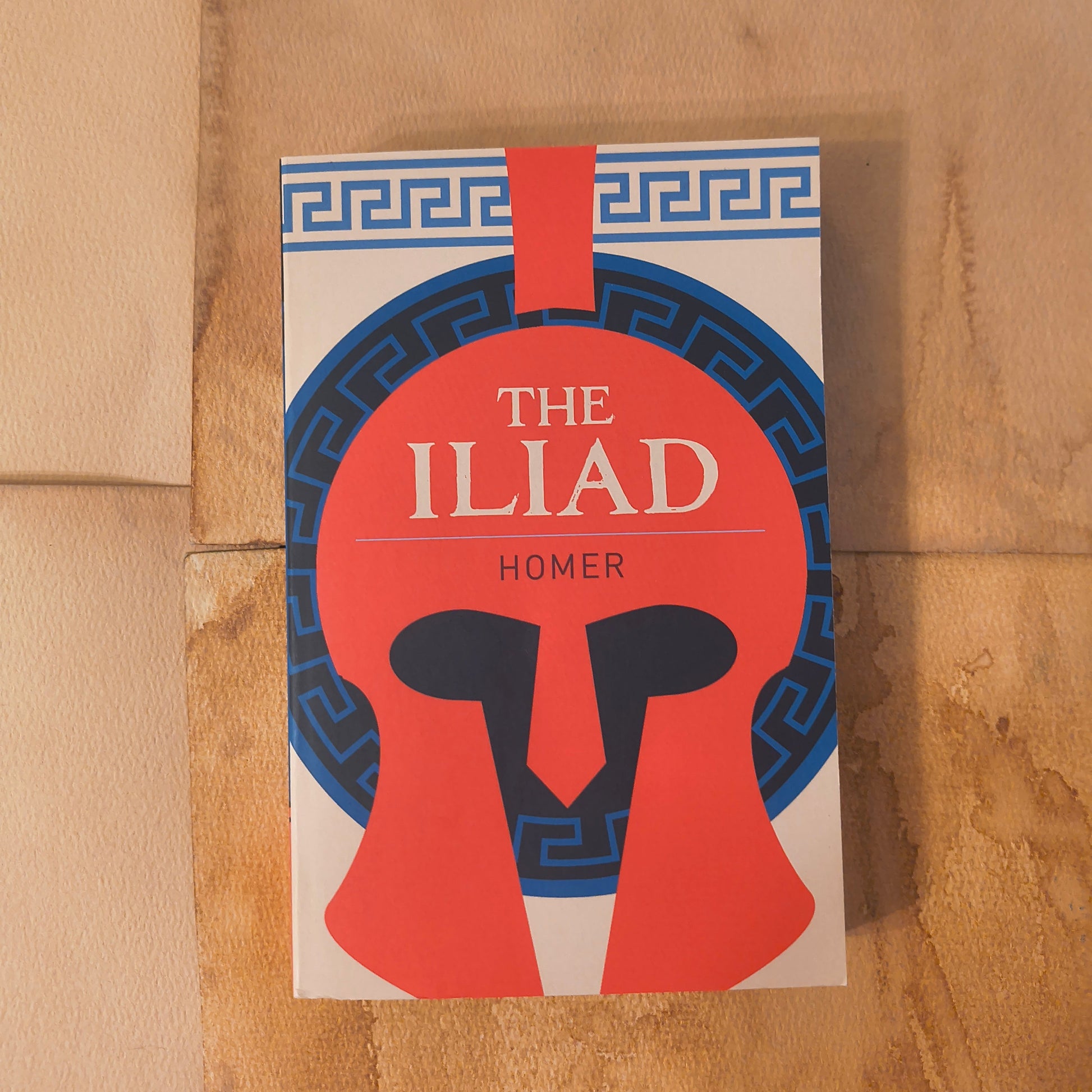 Book cover of 'The Iliad' by Homer on a brown surface